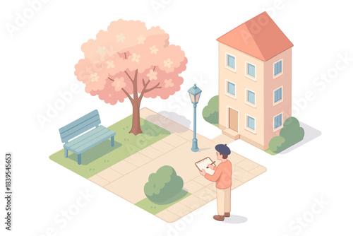Spring urban scene in isometric style with blossoming tree and pedestrian in park setting