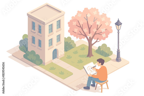 Artist sketching urban scene: isometric building and spring blossom tree