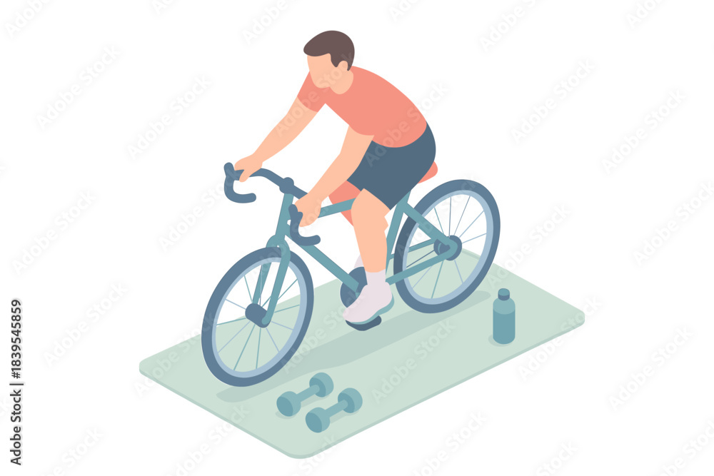 Fototapeta premium Isometric gym scene with cyclist on stationary bike and workout equipment