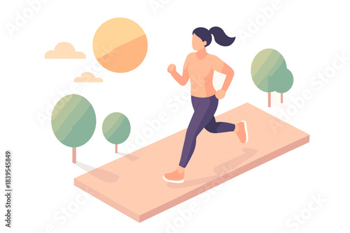 Isometric woman jogging in park with trees and sun
