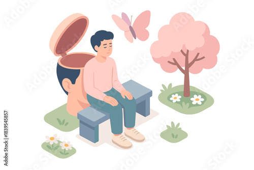 Contemplative mind: relaxation in nature with surreal open head concept