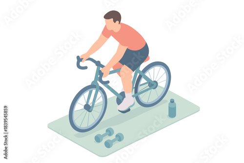 Isometric gym scene with cyclist on stationary bike and workout equipment