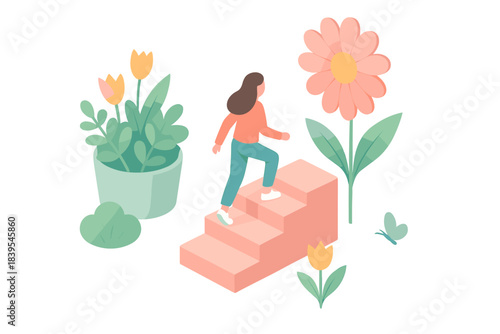 Isometric growth journey: woman climbing steps in a floral garden