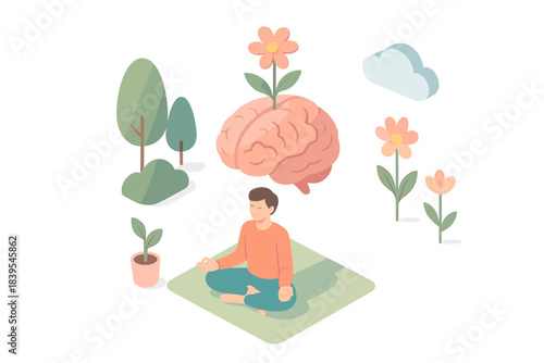 Mindfulness meditation in nature with blossoming brain and serenity