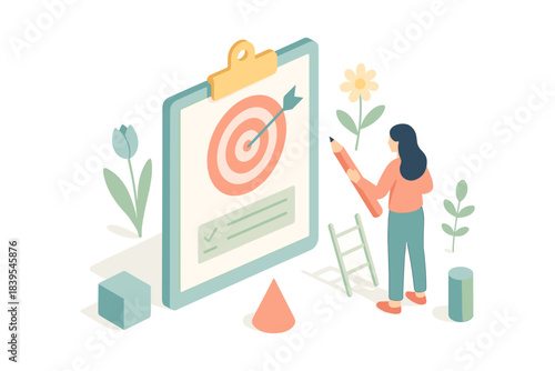 Isometric business strategy concept with target board and character