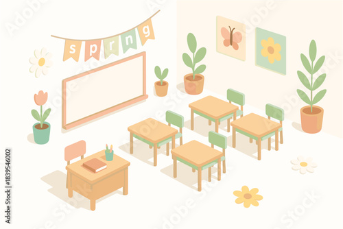 Pastel classroom in spring theme with floral decorations and empty desks