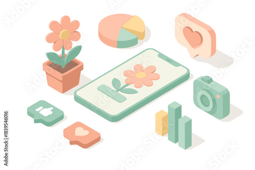 Isometric pastel social media concept with smartphone and flower elements