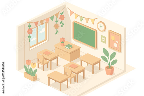 Cozy classroom with desks and chalkboard in pastel colors