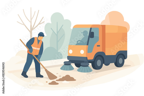 City cleaner with sweeper truck in soft pastel urban park scene