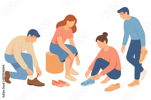 Casual group trying on shoes in modern fashion style