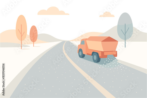 Winter road maintenance scene with snow plow truck in minimalist style