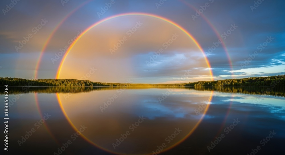 Fototapeta premium Reflections of a Double Rainbow Over a Serene Lake at Dusk, Capturing the Beauty of Nature's Phenomenon