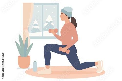 Woman exercising indoors with dumbbells during winter