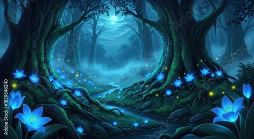 An enchanting moonlit forest path winds through ancient trees, bathed in the ethereal glow of bioluminescent blue flowers, creating a mystical and magical night landscape