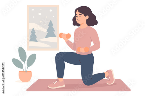 Woman exercising indoors with dumbbells in cozy home setting