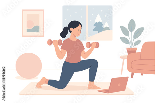 Home workout scene with woman exercising indoors in minimalistic style