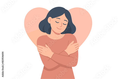 Woman embracing self love with heart background