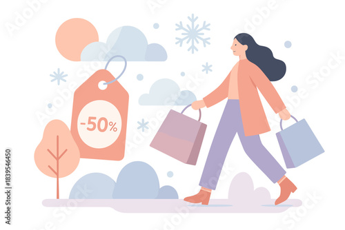 Winter shopping sale with woman holding bags and discount tag in pastel colors