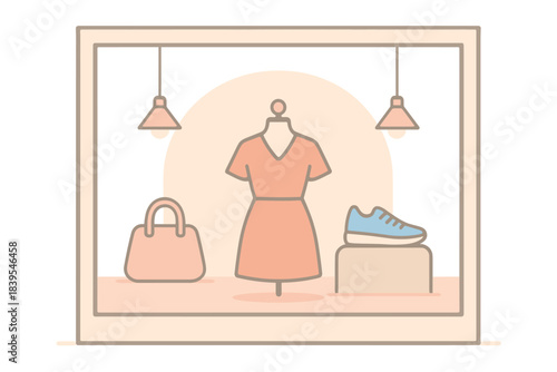 Fashion boutique display with dress, handbag, and sneakers in stylish window setting