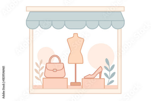 Elegant boutique display with mannequin and accessories in soft pastel tones