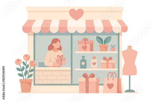 Charming gift shop with owner and decorative items in flat pastel design