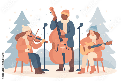Winter music trio performing outdoors with musical instruments in a forest scene