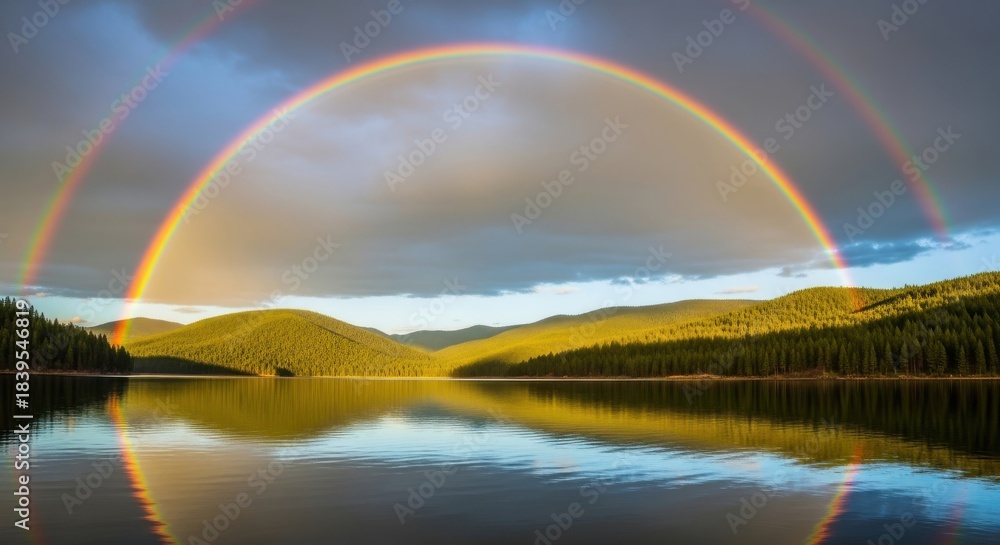 Fototapeta premium Vibrant Double Rainbow Arches Over Serene Lake Reflecting a Dramatic Cloudy Sky at Sunset