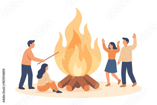 Group enjoying a backyard bonfire in flat design style