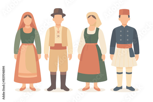 Traditional european cultural attire featuring diverse folk costumes in flat design
