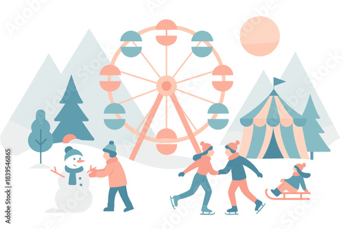 Winter wonderland activities with ferris wheel and ice skating in minimalist style