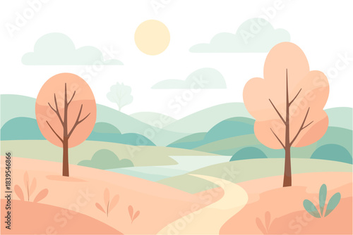 Minimalist pastel landscape with autumn trees and rolling hills in soft colors