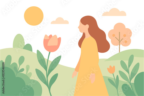 Woman in nature with floral elements in minimalist pastel landscape