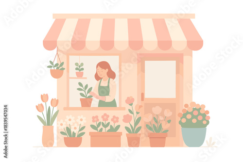 Charming florist shop with potted plants and flowers in pastel colors