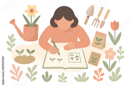 Gardening journaling in flat style with plants, tools, and flowers