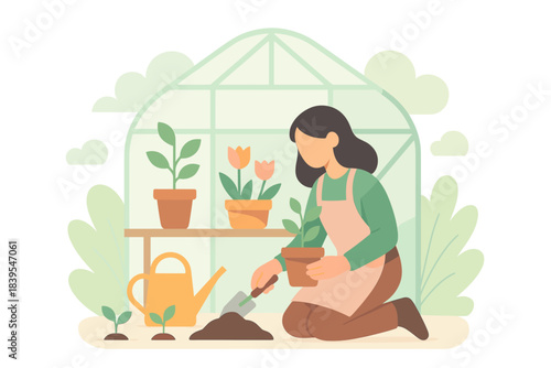 Gardening hobby: woman potting plants in greenhouse with watering can and seedlings