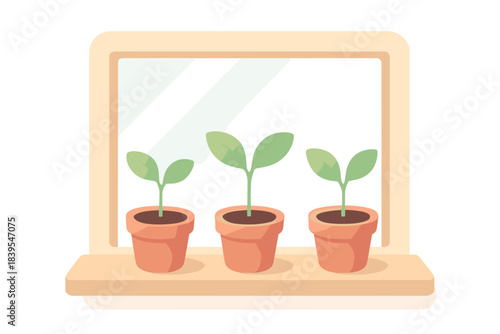 Three potted plants on a windowsill in minimalist flat style