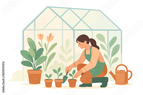 Gardening enthusiast tending plants in greenhouse with watering can and seedlings