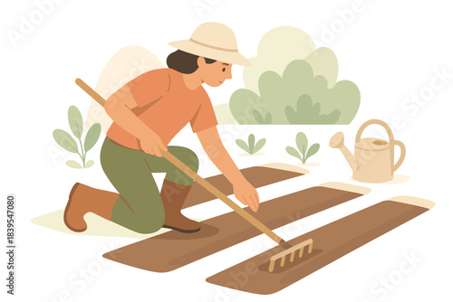 Gardener planting with hoe in flat design style in lush garden setting