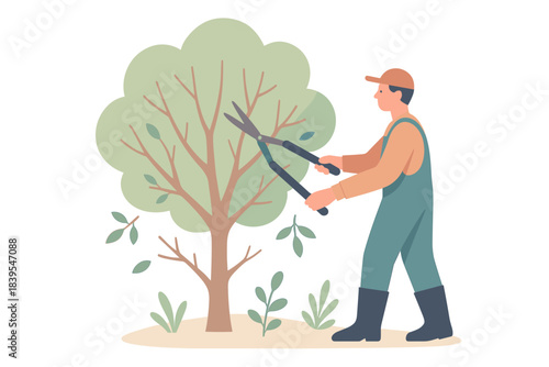 Gardener pruning tree with shears in a minimalistic flat style