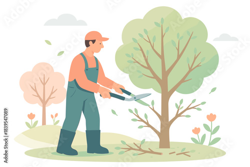 Gardener pruning tree in springtime garden landscape scene