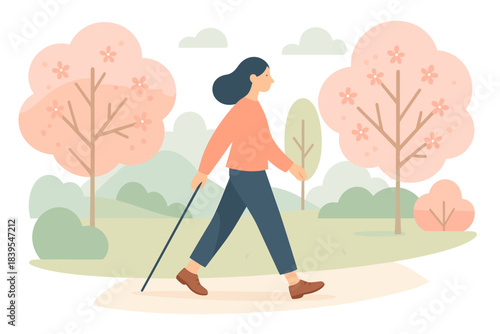 Woman walking with cane in tranquil spring park setting