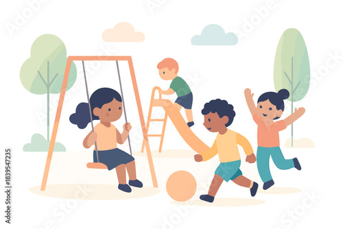 Children playing in park with swings and slide in flat design