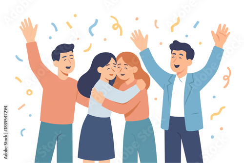 Group of friends celebrating with hugs and smiles in flat design style