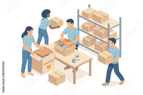 Volunteers organizing donations in a community center with boxes and supplies