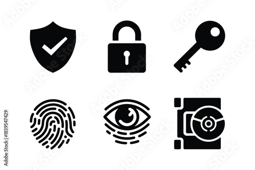 Security and access icons shield lock key fingerprint eye safe