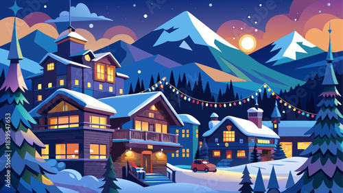 Very beautiful nighttime village lights glowing at Stowe Mountain Resort, highlighting charming alpine-style buildings and peaceful snowy surroundings. Soft illumination creates a cozy winter atmosphe