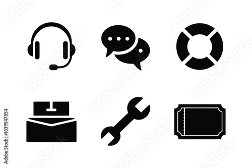 Set of six black service and support icons