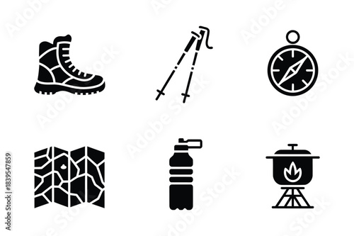 Hiking and camping gear icons for outdoor adventures