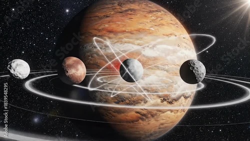 Planetary alignment: A mesmerizing cosmic composition, featuring a vibrant planet orbited by smaller celestial bodies, all set against the backdrop of the star-studded cosmos.
