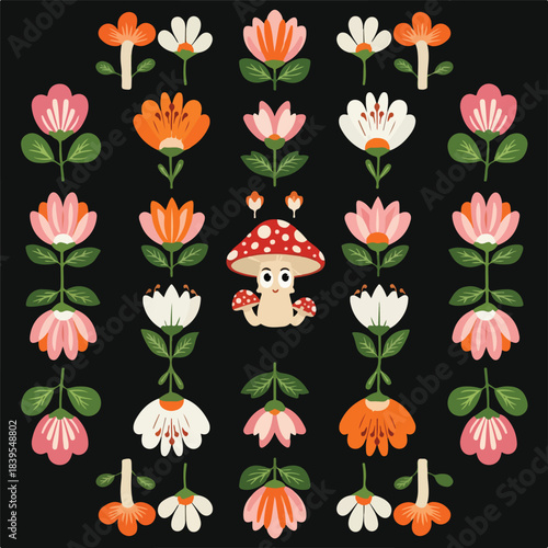 Folk art floral pattern with cute mushroom character